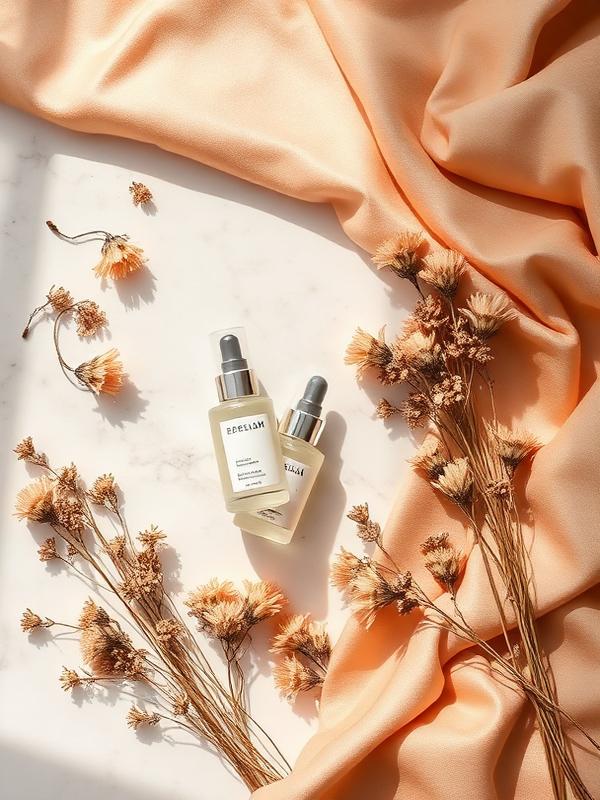 Skincare serum flatlay with dried flowers